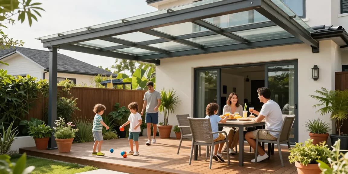 Terrassenüberdachungen in einem modernen Garten mit Familie und Spielzeug.