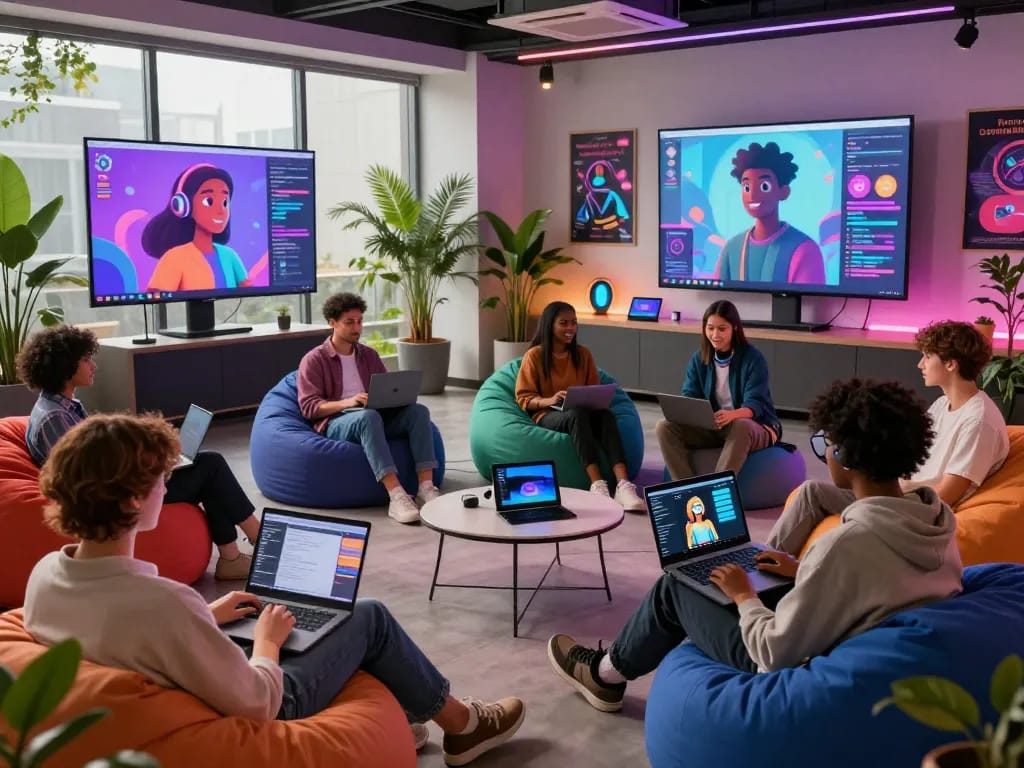 Users engaging with character AI nsfw in a creative tech lounge, showcasing interactive digital avatars.