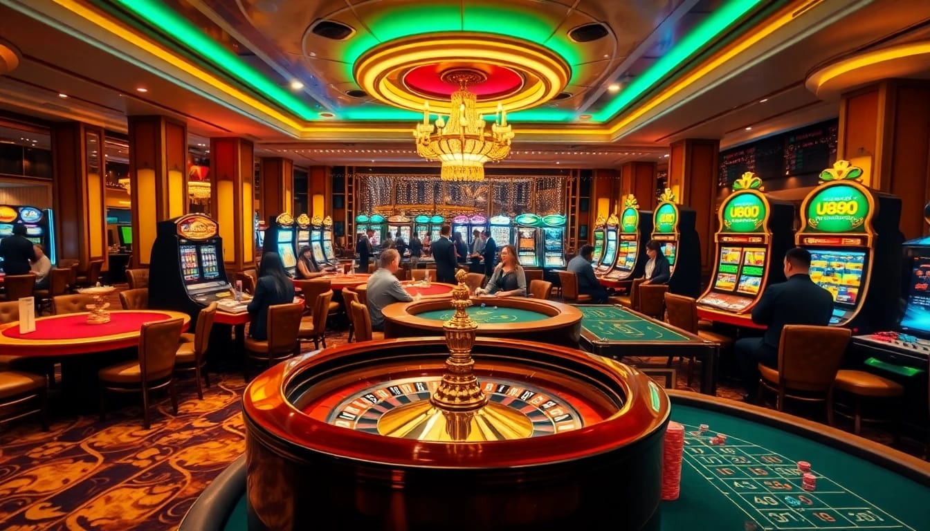 Vibrant U888 trang chủ casino scene featuring players at tables and slot machines.