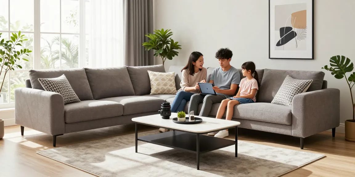 Moderne Wohnzimmeratmosphäre, die eine Familie zeigt, die Wohnmöbel online kauft, während sie sich auf einer stilvollen, modularen Sofagarnitur entspannt.
