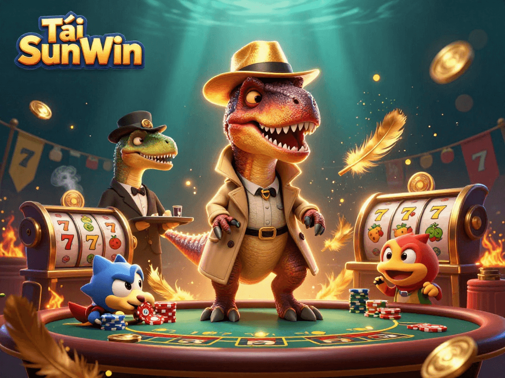 Tải SunWin featuring a sneaky velociraptor card counter and a suspicious stegosaurus pit boss at a bustling slot table.
