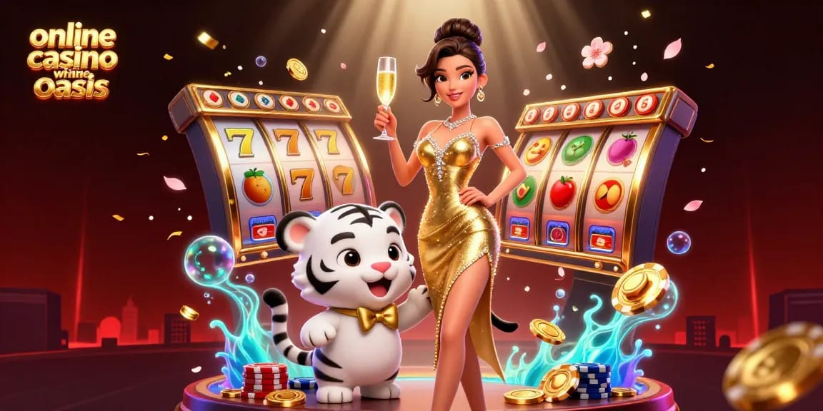 Play exciting games at online casino ohne oasis featuring a glamorous woman and lucky tiger.