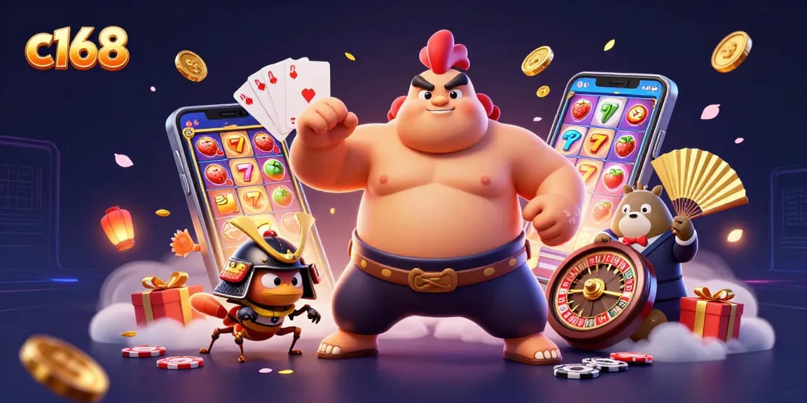 Experience thrilling gameplay at c168 with an action-packed 3D casino illustration featuring vibrant game elements.
