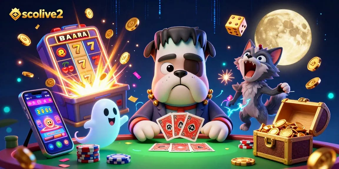 Socolive2 showcases a thrilling casino experience with cartoon characters playing cards and slot machines.