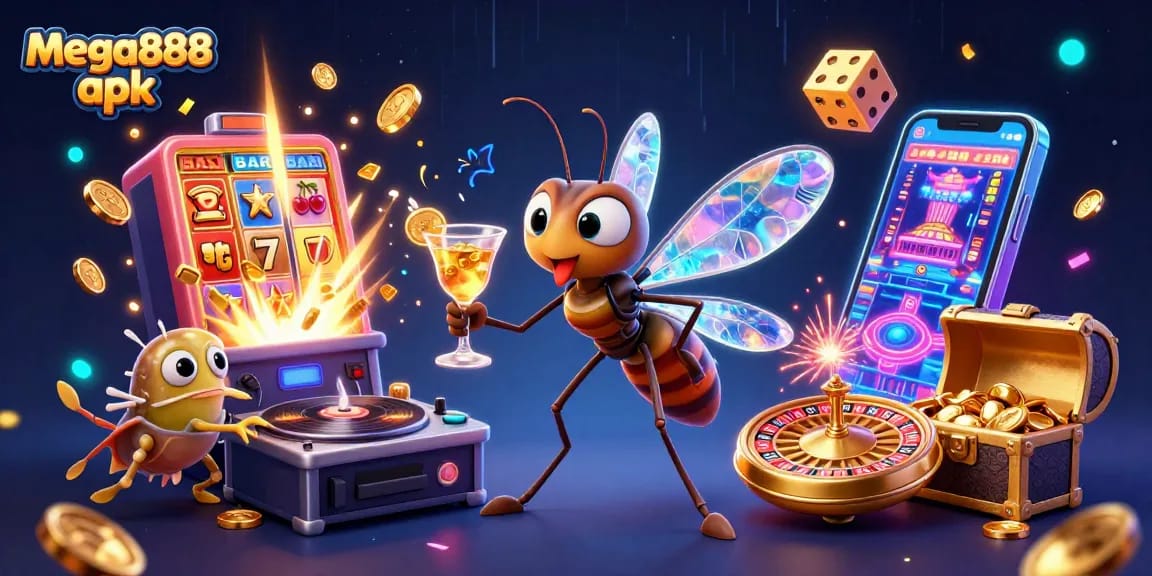 Engage with the mega888 apk as a dynamic casino illustration showcases vibrant gameplay and exciting elements.