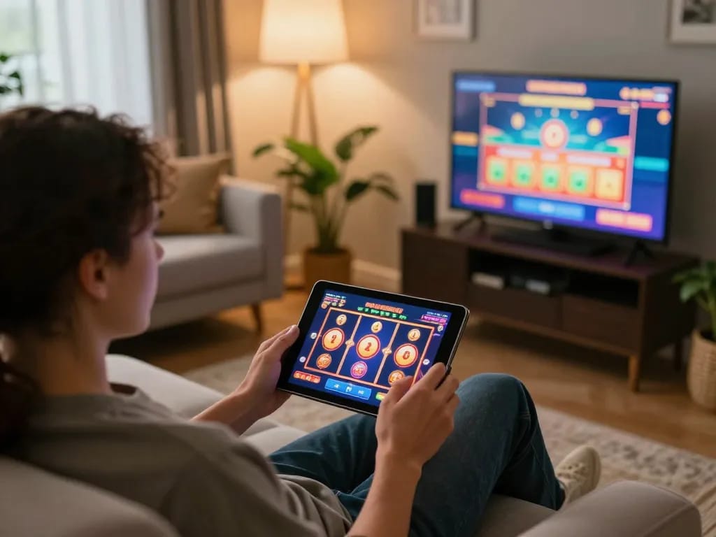 Player engaging with sc88e slots app on tablet in a cozy home environment.