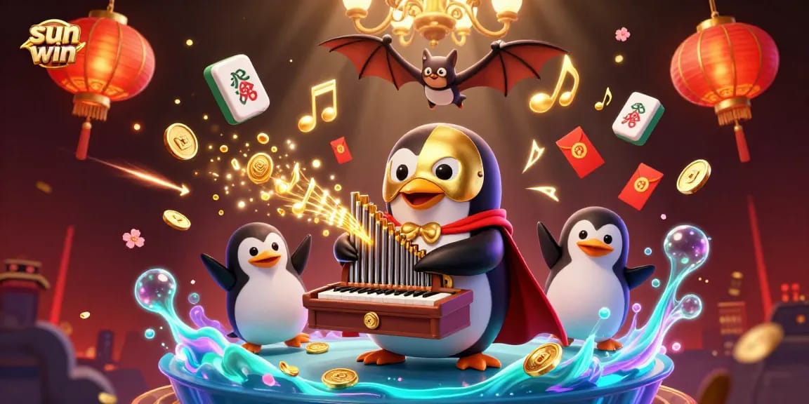 Experience the thrill of sun win as the penguin maestro launches coins in a vibrant 3D casino scene.