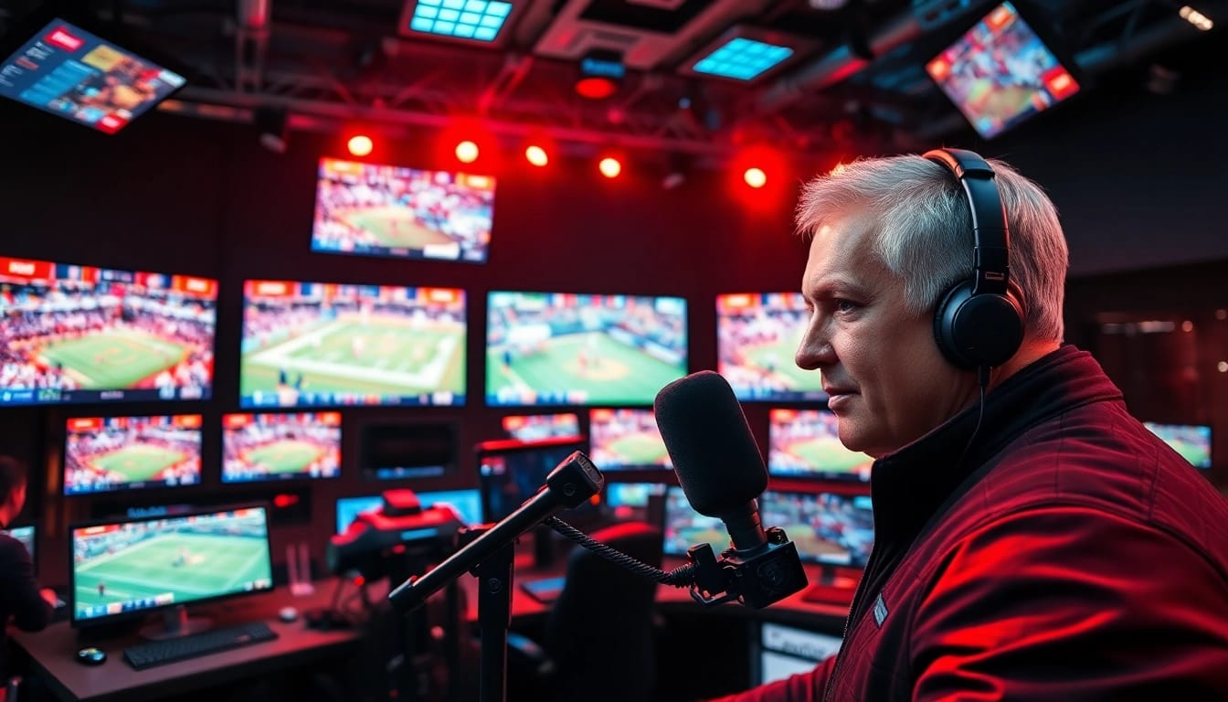 Announcer in a professional sports broadcasting studio with live games displayed.
