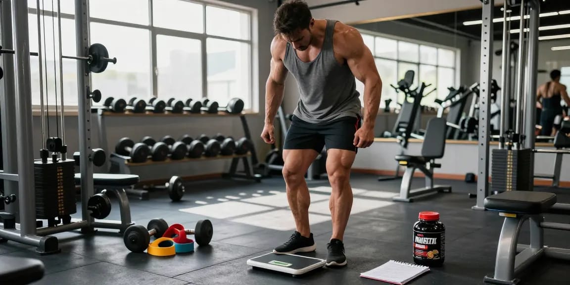 Bodybuilder im Steroid Shop Deutschland, umgeben von Fitnessgeräten und Anabolika zur Muskelsteigerung.