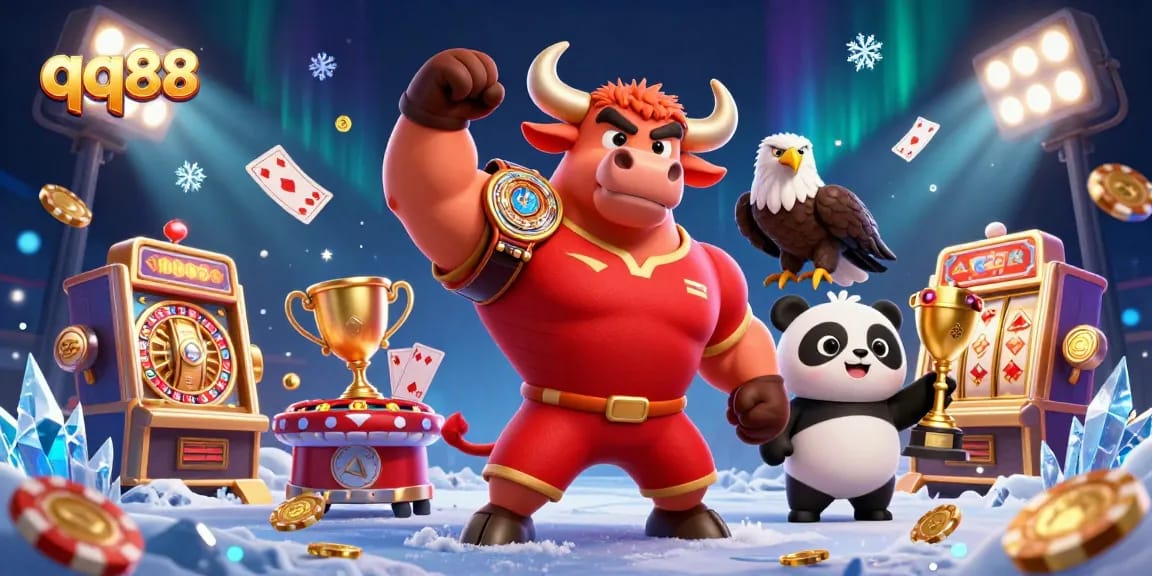 qq88 elevates gaming excitement with a festive atmosphere featuring charismatic characters and vibrant casino elements.