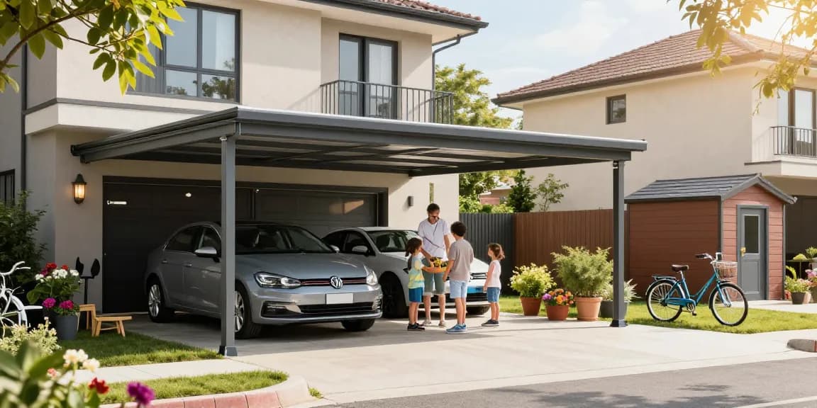Moderner Carport, der eine Familie bei der Nutzung unter einem stilvollen Carport zeigt, umgeben von einem schönen Garten.