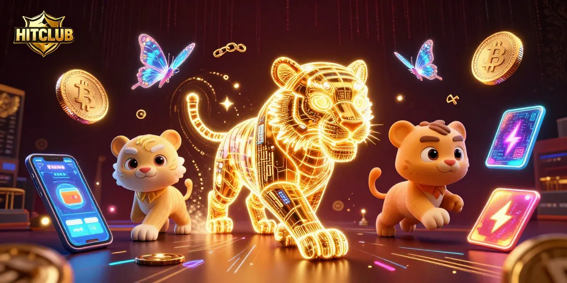 Engage with HITCLUB's dazzling digital casino scene, featuring an energetic golden tiger amidst glowing crypto elements.