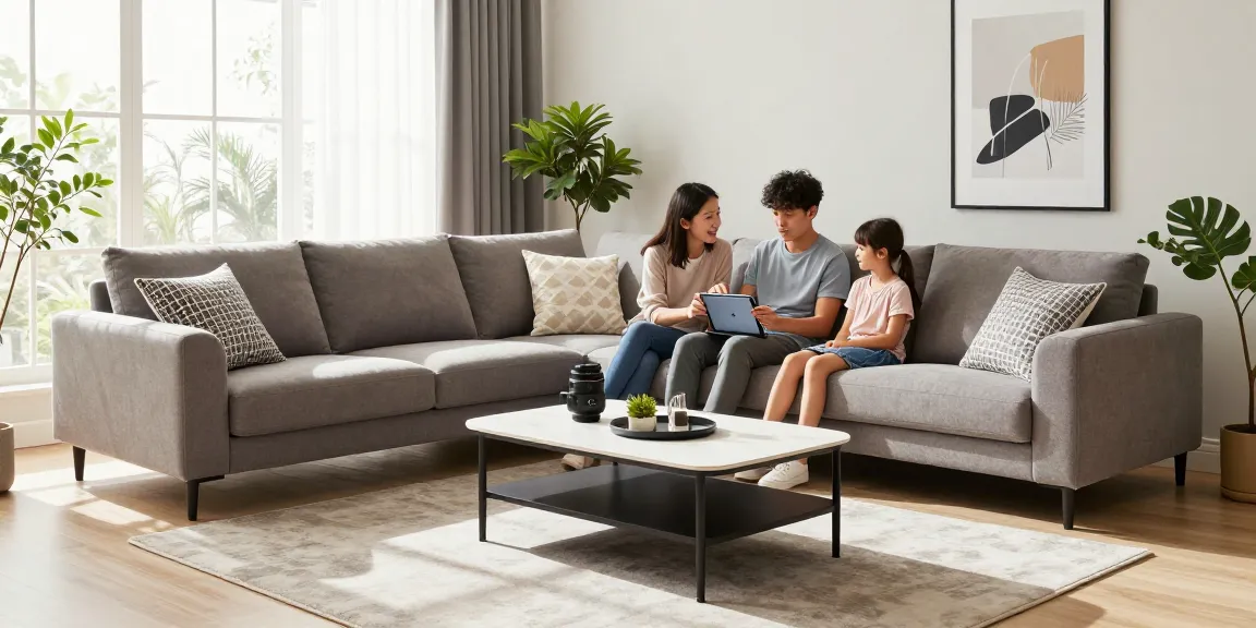 Moderne Wohnzimmeratmosphäre, die eine Familie zeigt, die Wohnmöbel online kauft, während sie sich auf einer stilvollen, modularen Sofagarnitur entspannt.