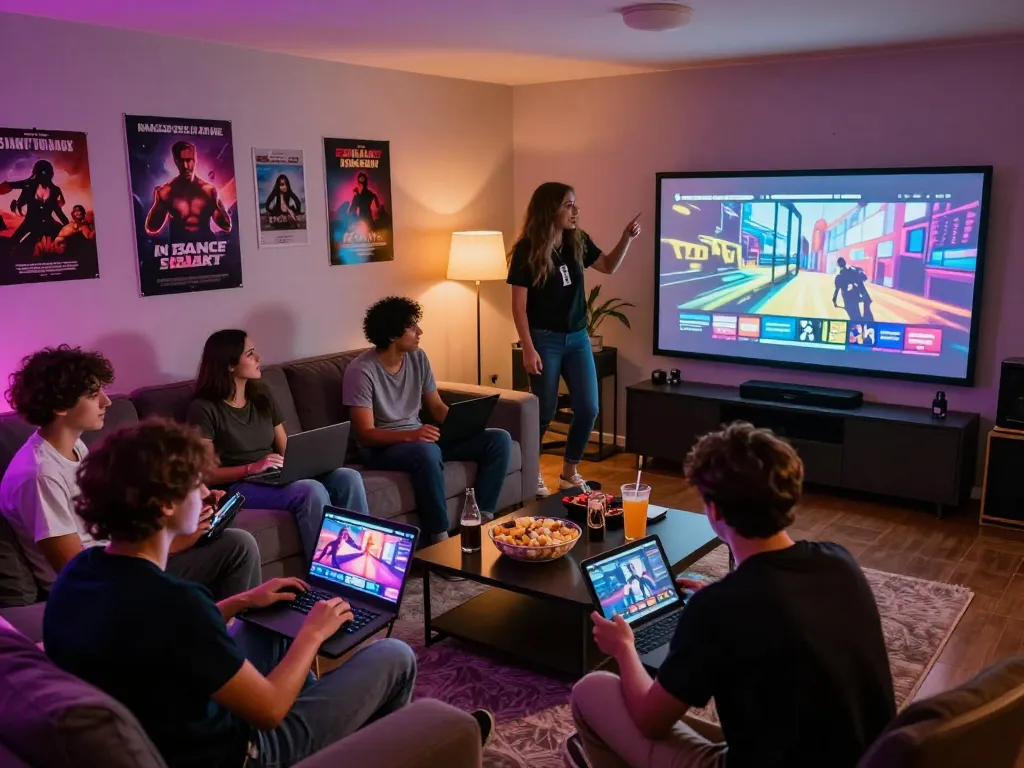 Group enjoying sexgames on multiple devices in a lively gaming room atmosphere.