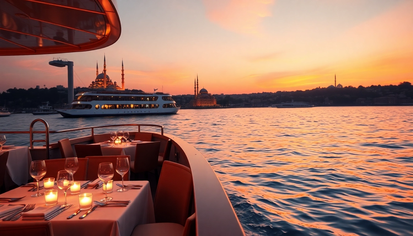 Bosphorus dinner cruise with stunning sunset views and elegant dining setup.