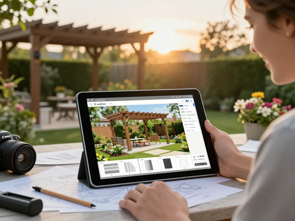Hausbesitzer visualisiert ein Pergola 3D Design auf einem Tablet in einem üppigen Garten.