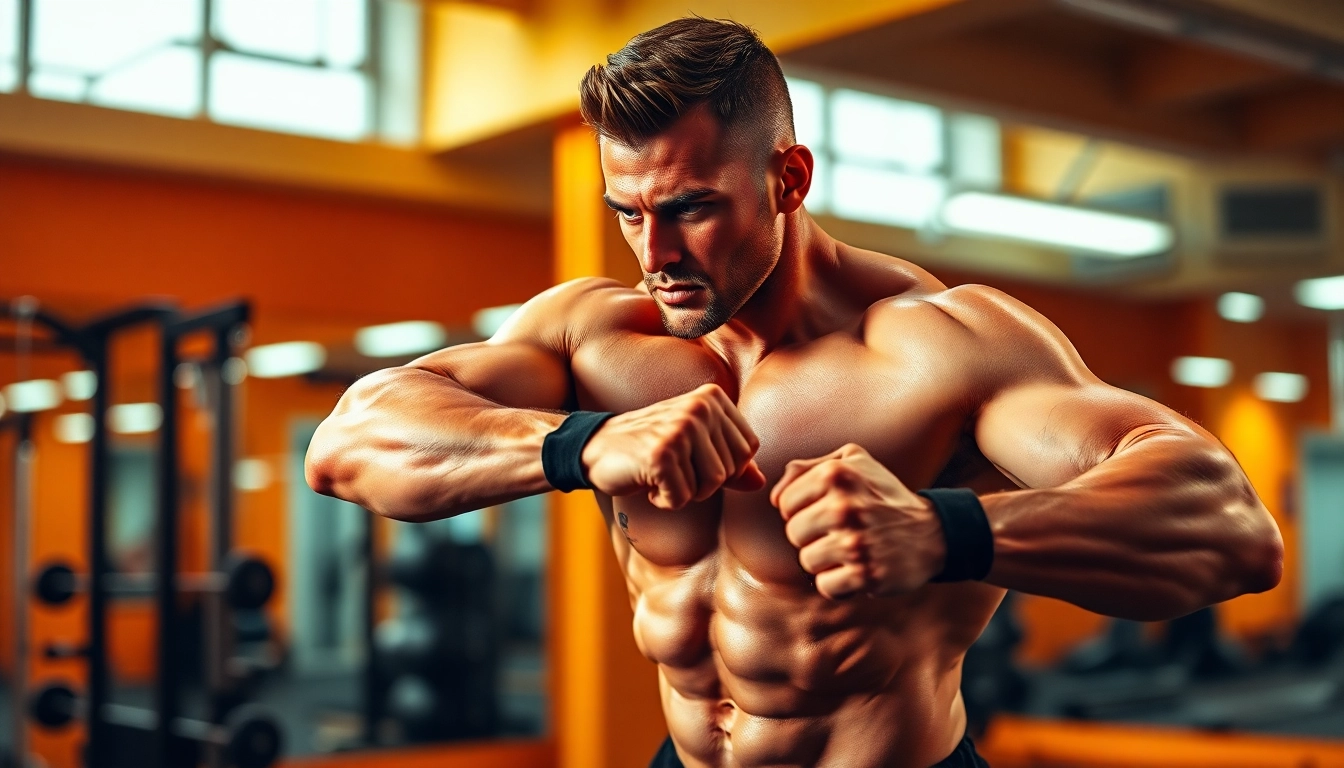 Sustanon 250 kaufen: Fitnesstrainer demonstriert Krafttraining mit Energie und Entschlossenheit