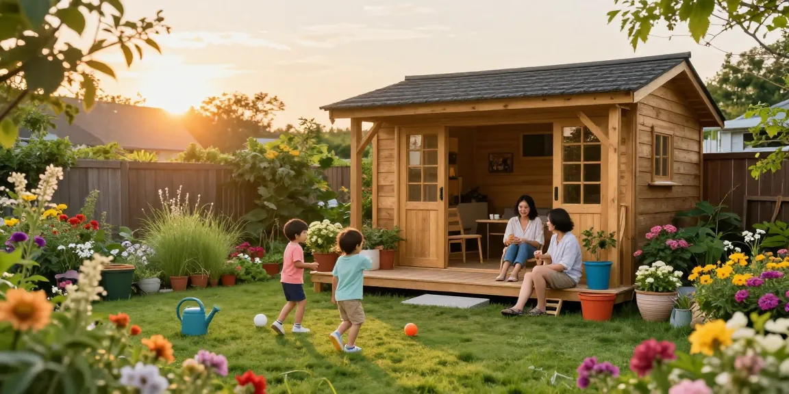 Gemütliches Gartenhaus in blühendem Garten mit spielenden Kindern und entspannenden Erwachsenen.