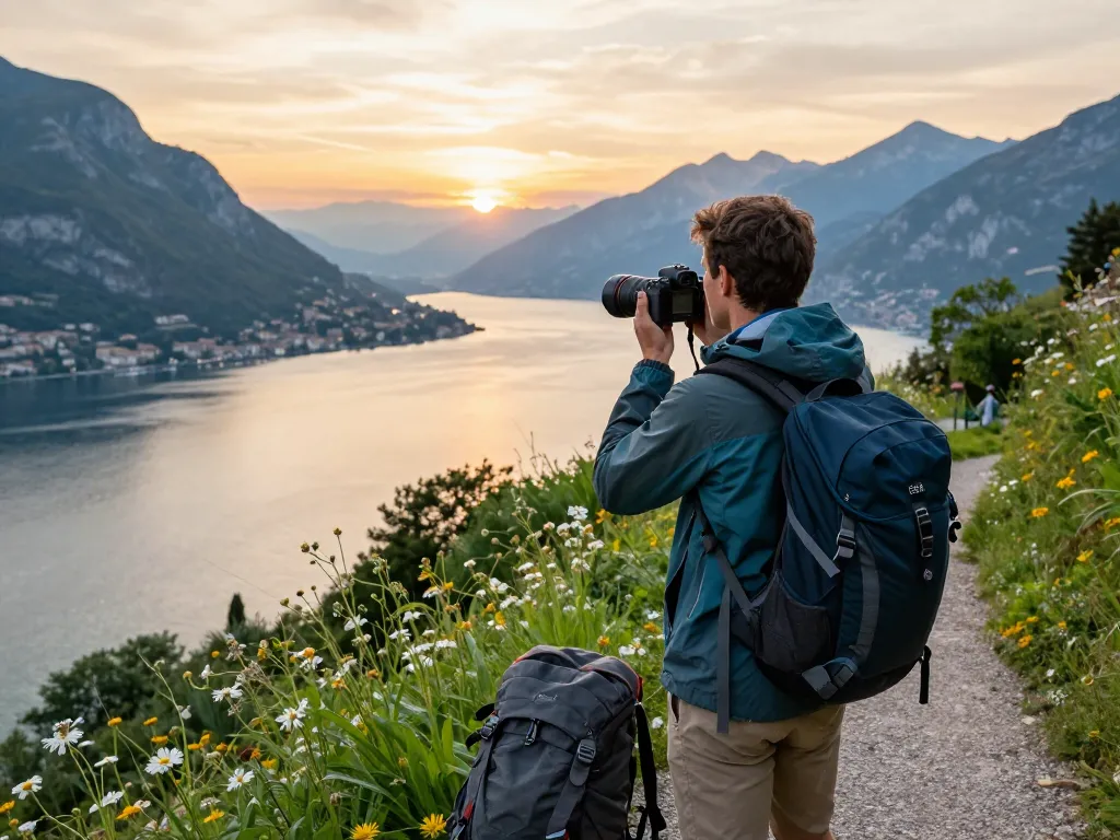 Gardasee Reisetipps: Ein Reisender, der atemberaubende Ausblicke auf den Gardasee bei Sonnenuntergang festhält.