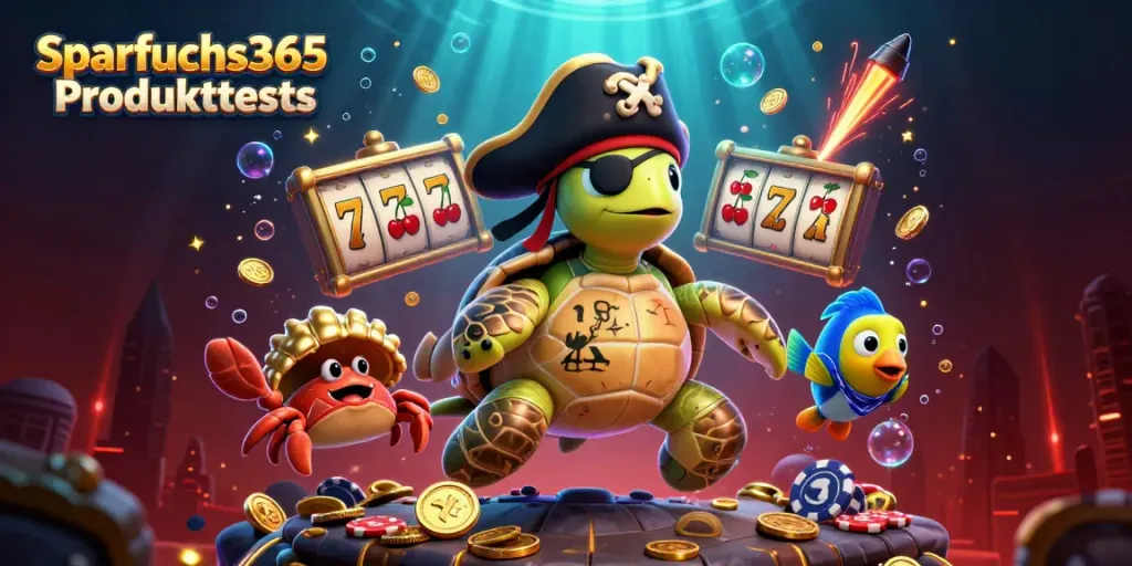 „Sparfuchs365 Produkttests“ zeigt den 3D-Piraten-Schildkröte mit Spielautomaten und Pokerchips.