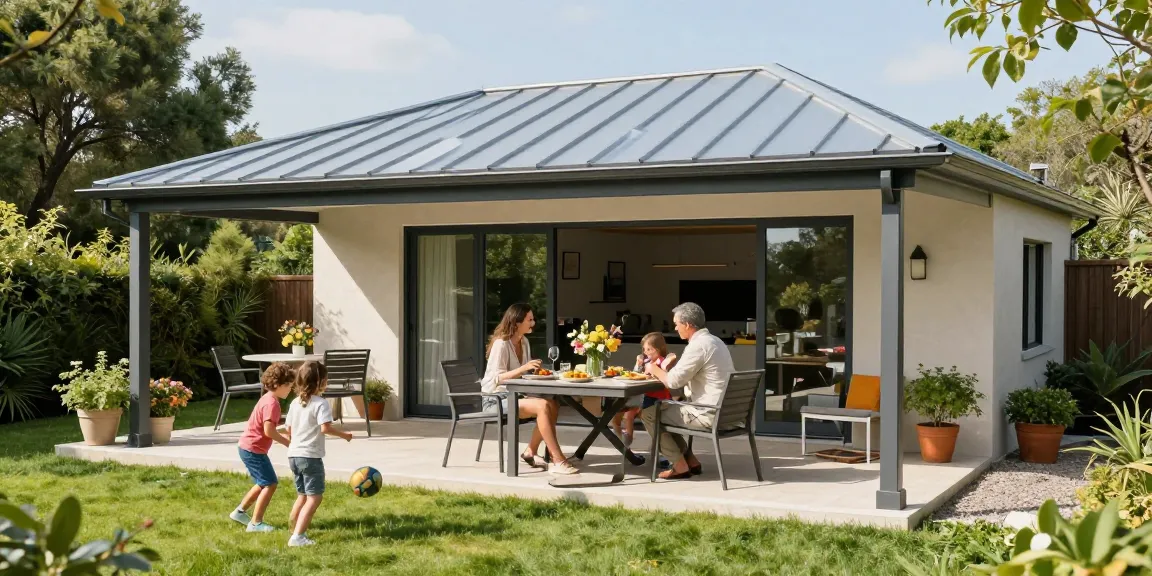 Freistehende Terrassenüberdachung in einem Garten mit Familie, die Zeit im Freien genießt.