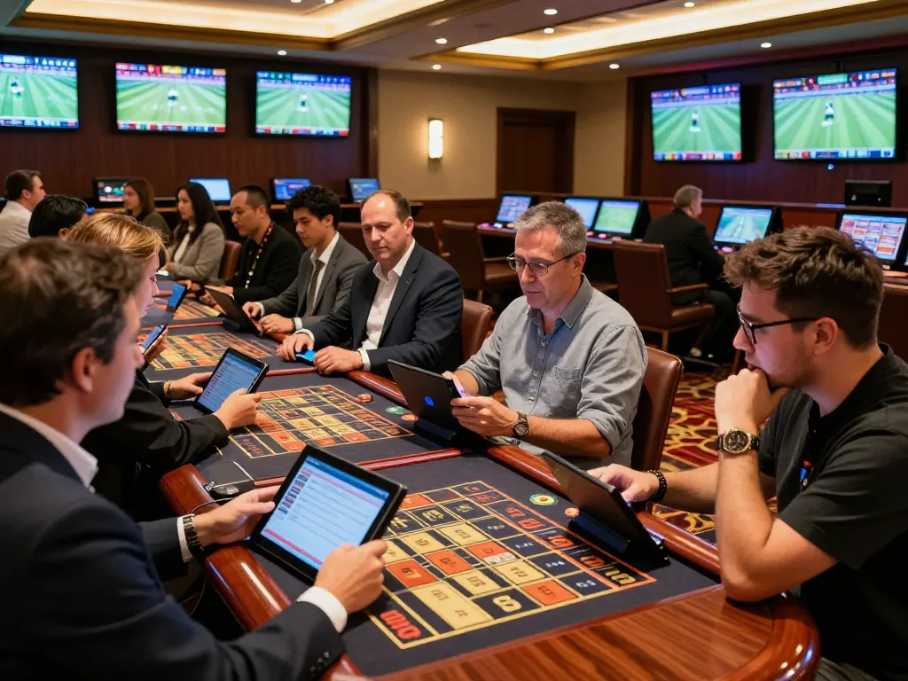 Engaged patrons place bets at nhà cái uy tín SC88 sports betting area with excitement.