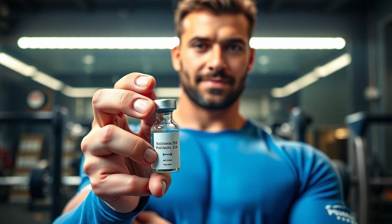 Vial of Sustanon 250 kaufen held by a fitness trainer in a gym setting.