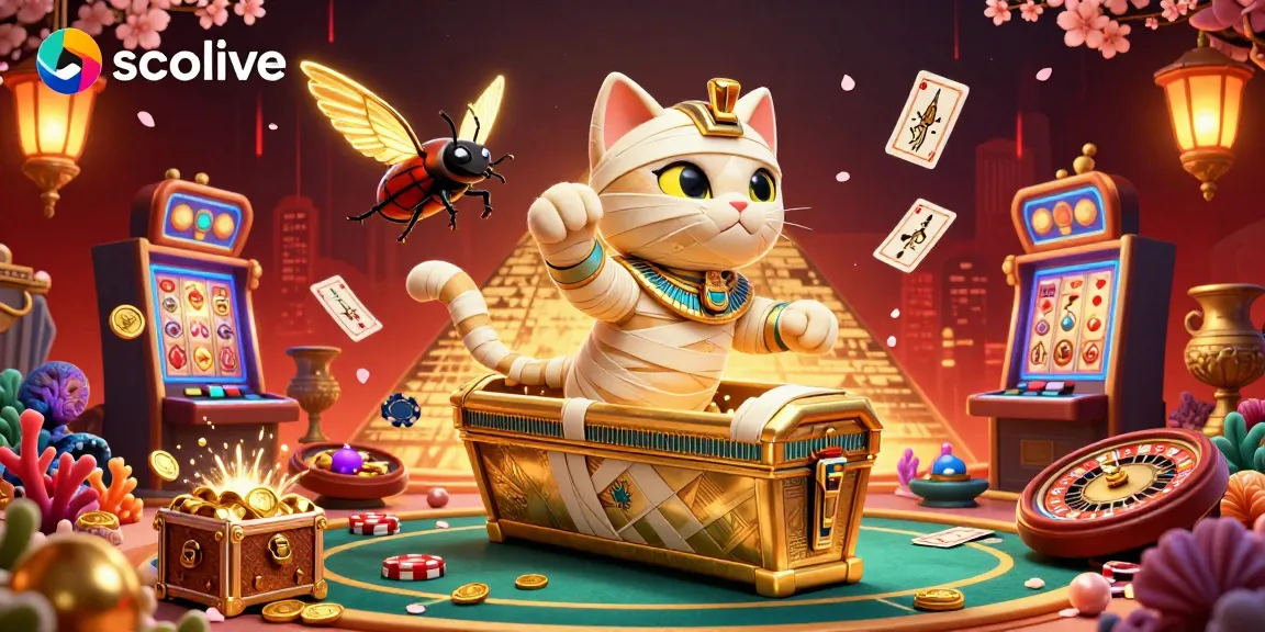 Socolive excitement captured with a mummy cat and golden scarab in a vibrant casino scene, integrating casino games.