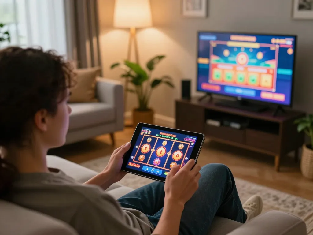 Player engaging with sc88e slots app on tablet in a cozy home environment.