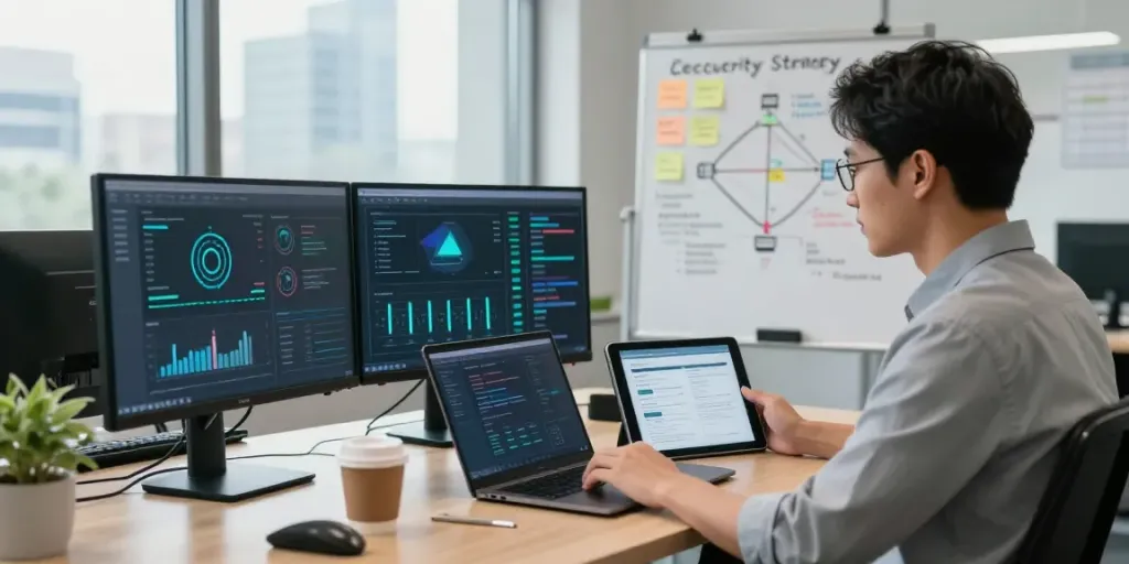 IT Sicherheitsberatung Frankfurt: Cybersecurity Consultant analysiert Bedrohungen in modernem Büro.