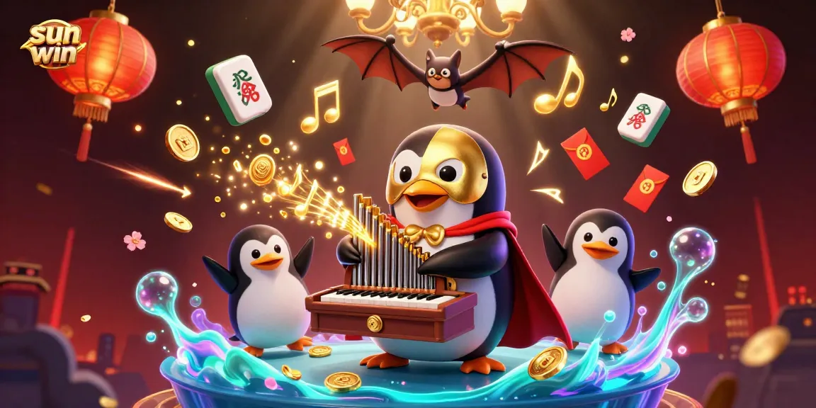 Experience the thrill of sun win as the penguin maestro launches coins in a vibrant 3D casino scene.