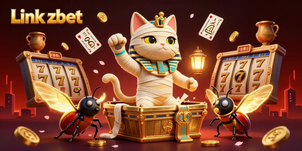 Experience the excitement of Link zbet with a 3D mummy cat and vibrant casino elements.