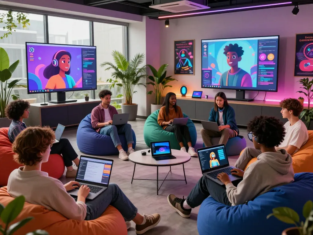 Users engaging with character AI nsfw in a creative tech lounge, showcasing interactive digital avatars.
