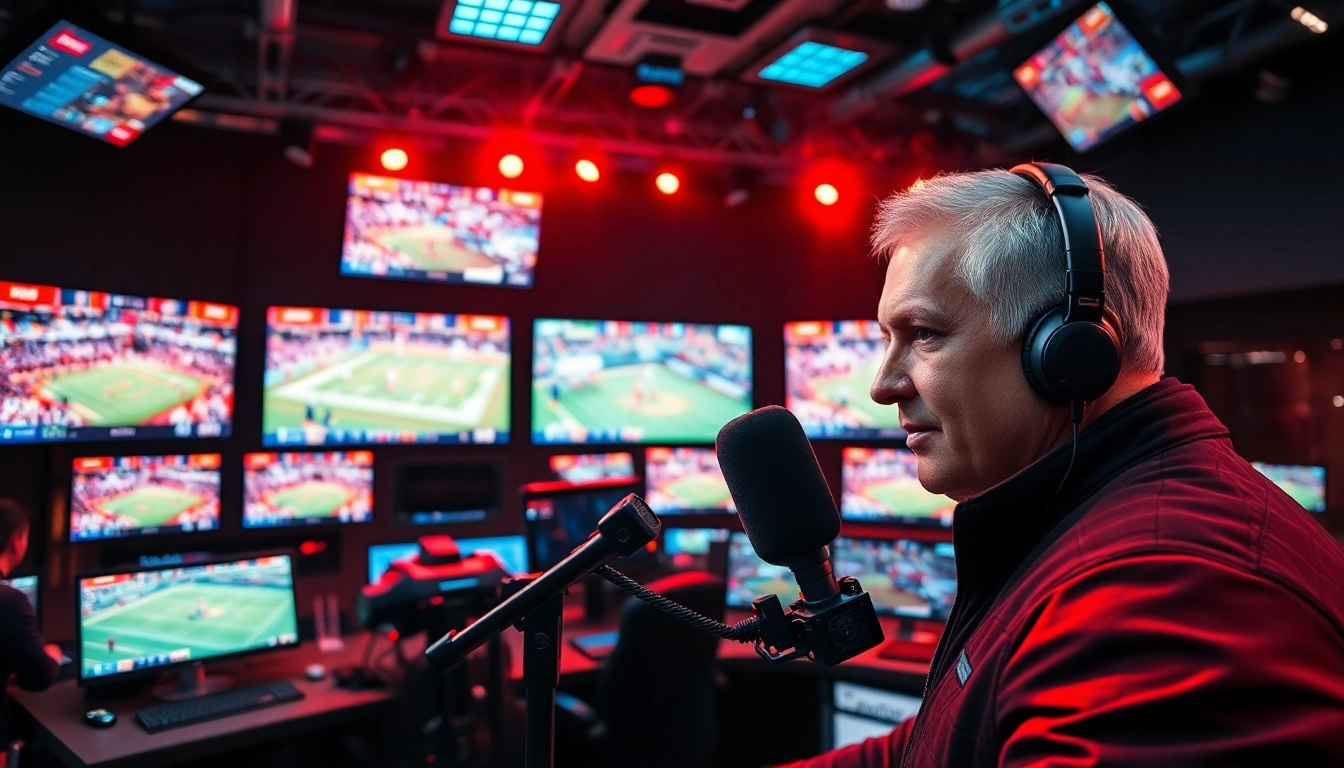 Announcer in a professional sports broadcasting studio with live games displayed.