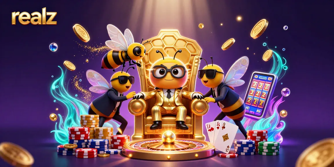 Win big with realz at the vibrant casino scene featuring golden coins and dynamic game elements.
