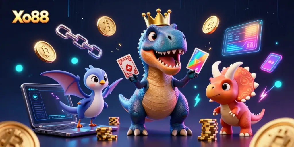Experience Xo88 with a vibrant 3D-themed casino scene showcasing fun dinosaur characters engaging in lively games.