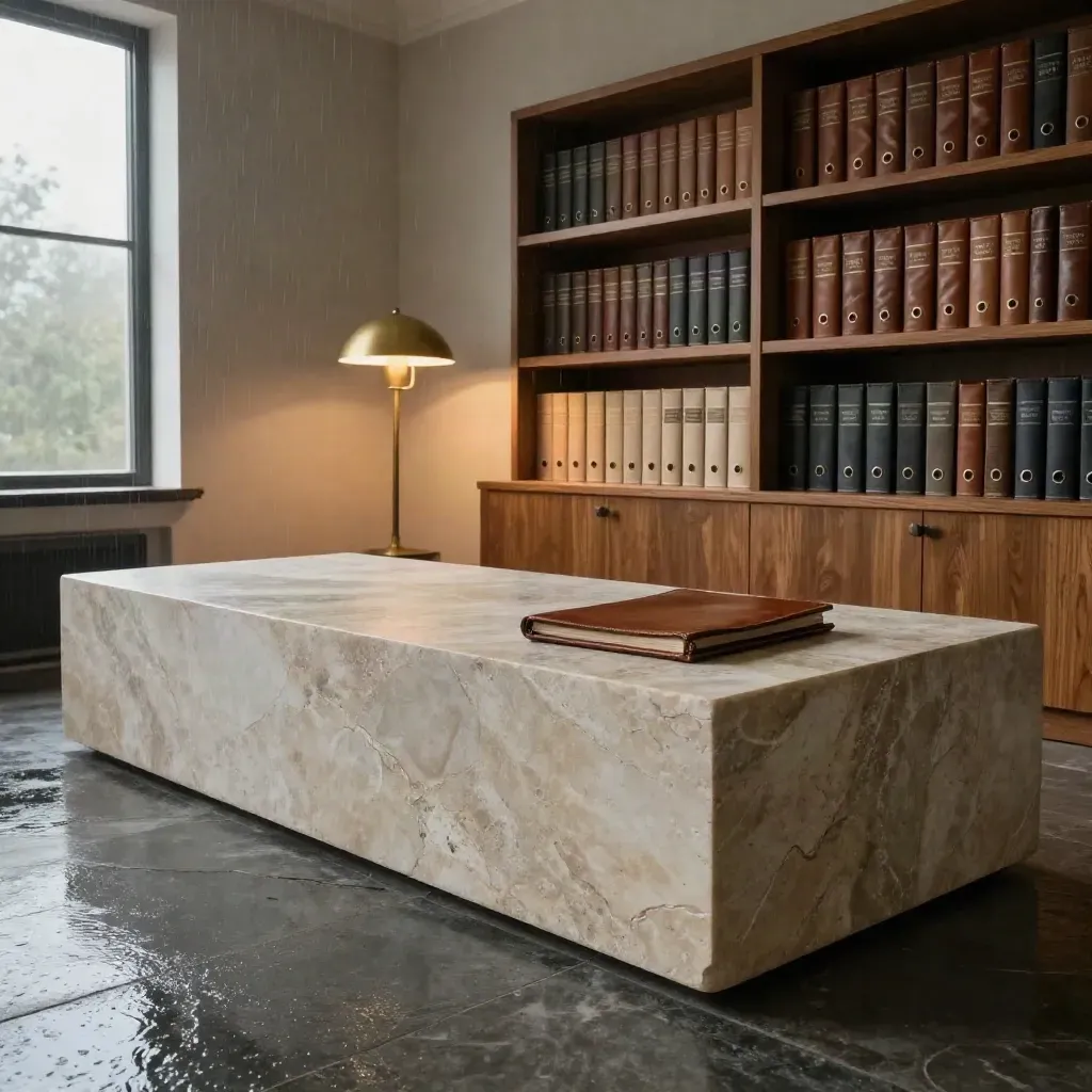 Leerer Premium-Beratungsraum mit Kalksteinblöcken, Eichenregal, Lederfolio und nassem Steinboden