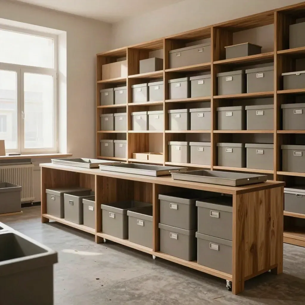 Neu geordneter Mittelstands-Arbeitsbereich mit Regalen, Archivboxen und offenem Laufweg.