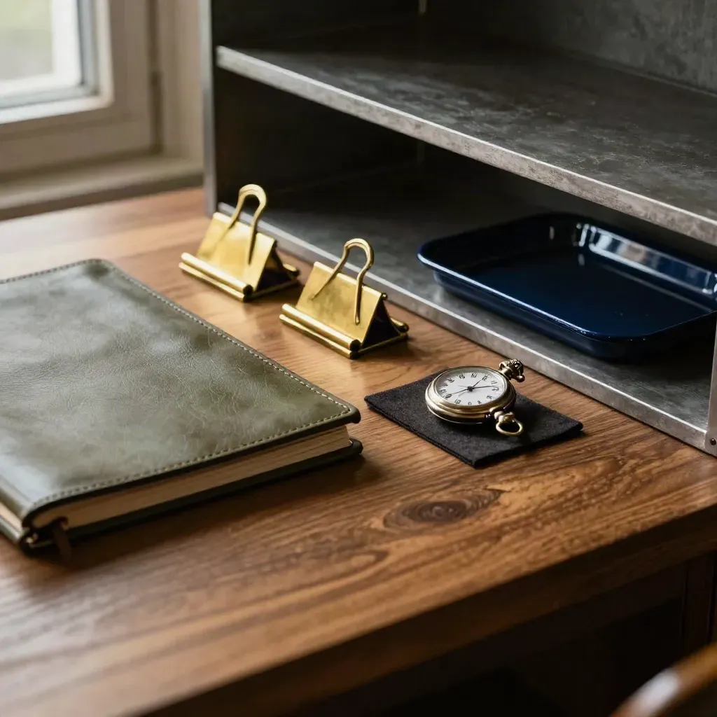 Düsteres Kreativstudio mit Schreibtisch, Taschenuhr und leeren Kartenhaltern im Gegenlicht