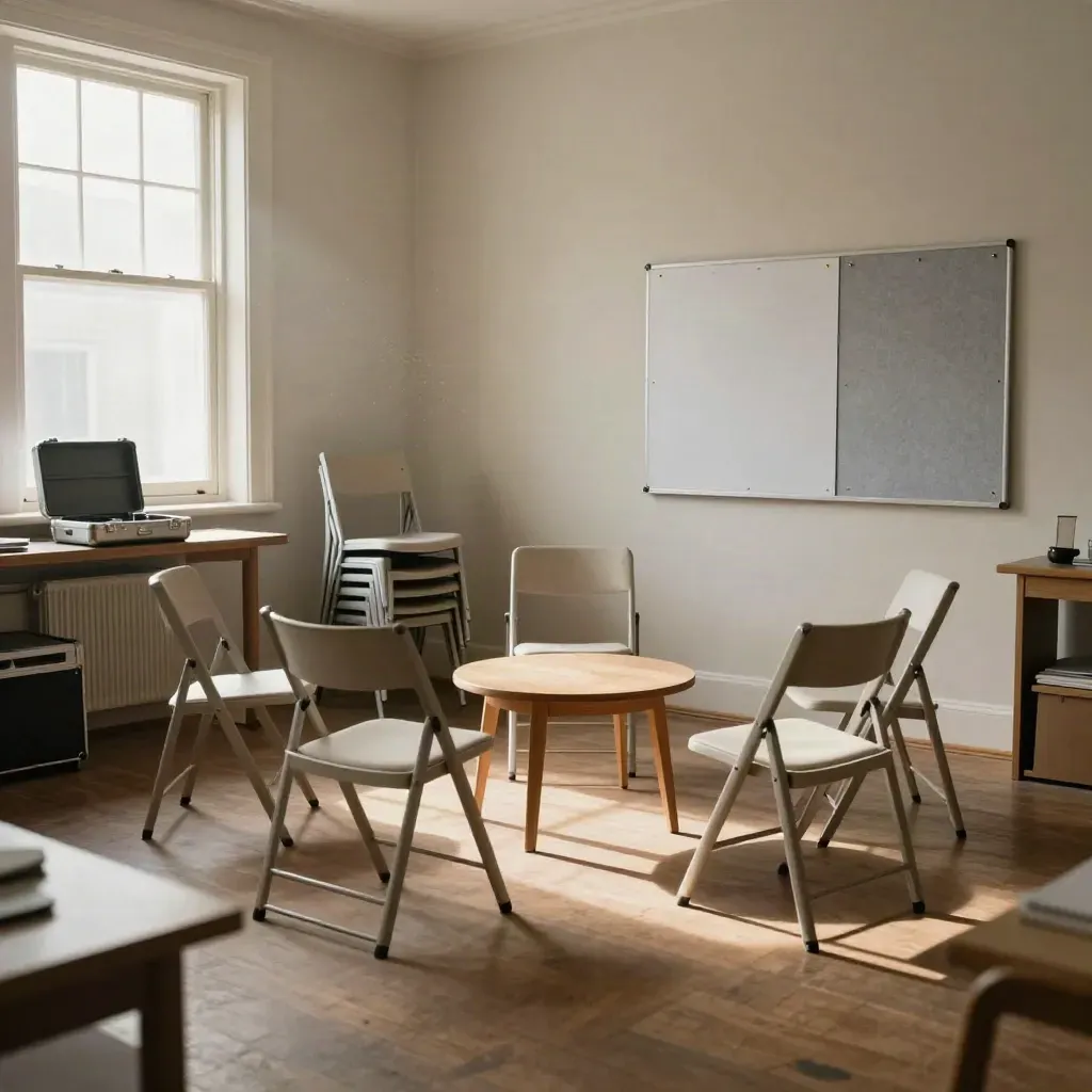Leerer Workshopraum nach dem Seminar mit Kreisstühlen, Kisten und Pinnwand im warmen Nachmittagslicht.