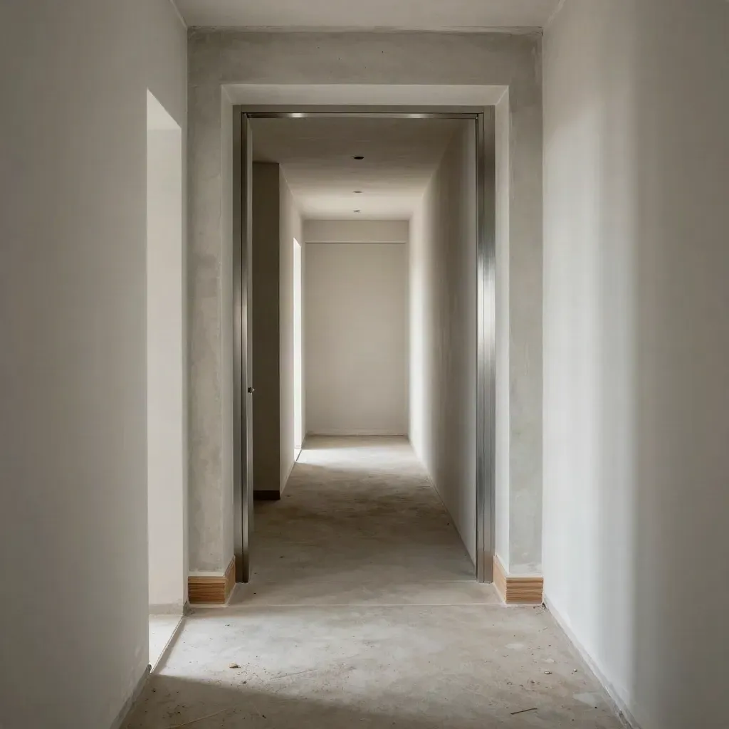 Renovierter Umbauflur mit Schutzvlies, frischen Kanten und dramatischem Licht