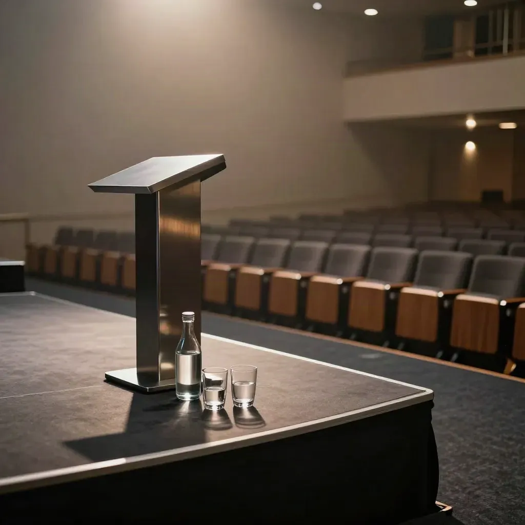Leere Konferenzbühne mit Podest, Wasserkaraffen und Lichtkegel vor zurückgenommenen Sitzreihen.