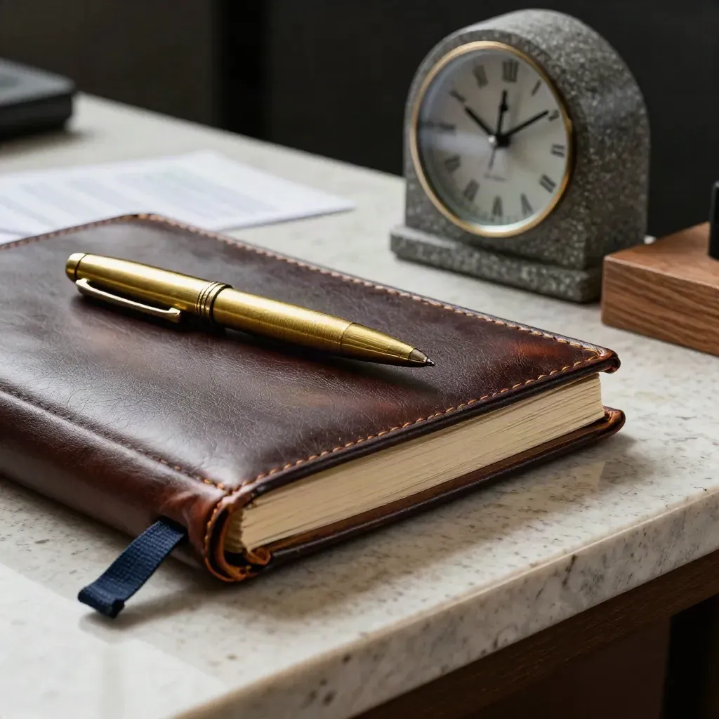 Makro von Beratungsjournal, Messingstift, Steinuhr und Holzblock auf Travertin.