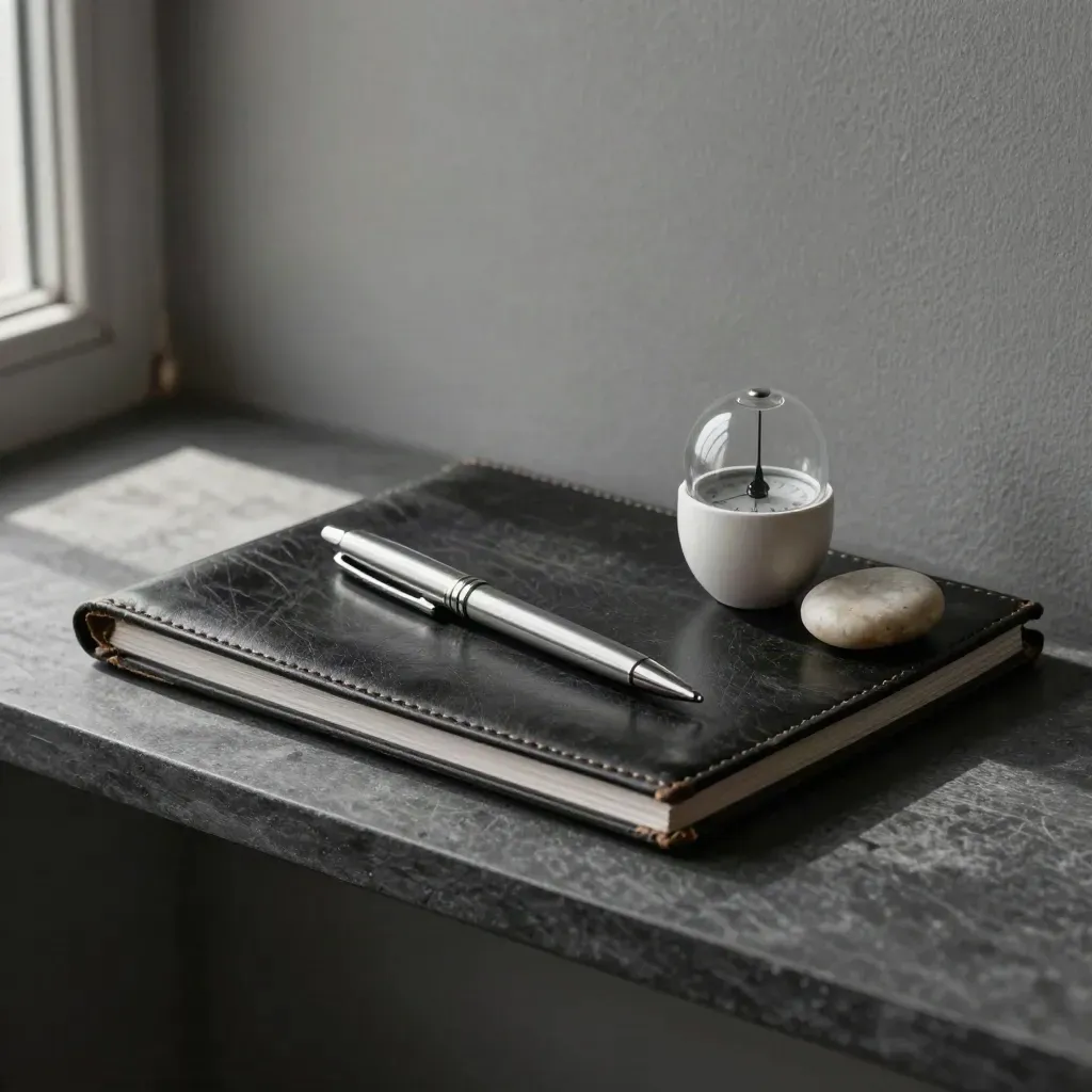 Geschlossenes Lederfolio, Stift, Eieruhr und Stein auf dunklem Regal im Seitenlicht.