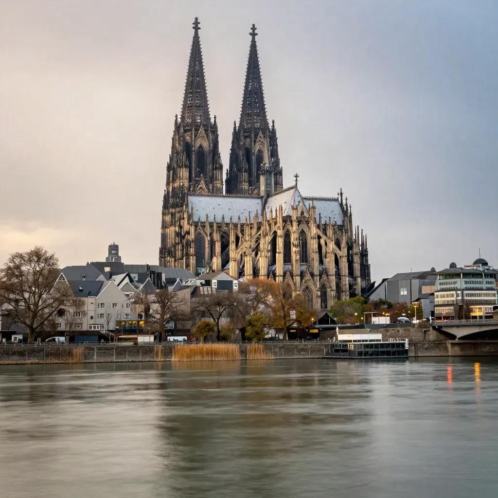 Kölner Dom über dem Rhein im Dunst der blauen Stunde nach Regen