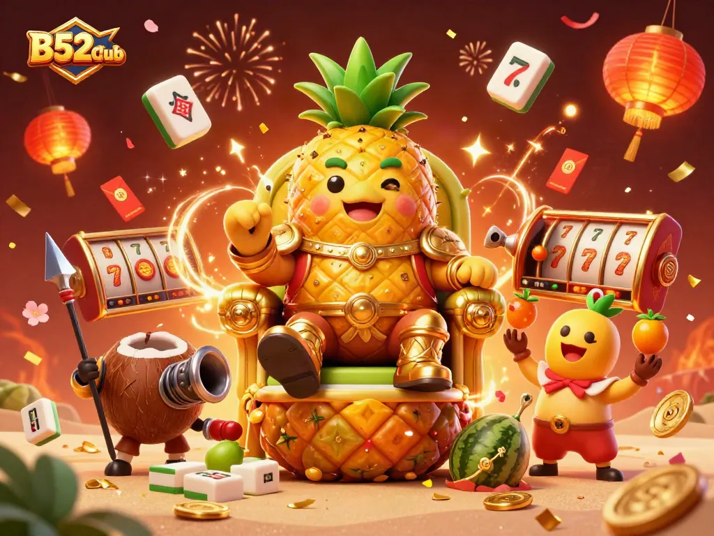 B52Club celebrates winning strategies with a lively casino scene featuring a golden pineapple king and dynamic game elements.