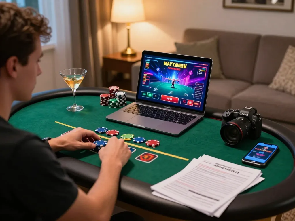 Player enjoying CM88 live dealer blackjack online, vibrant gaming setup with chips and notes.