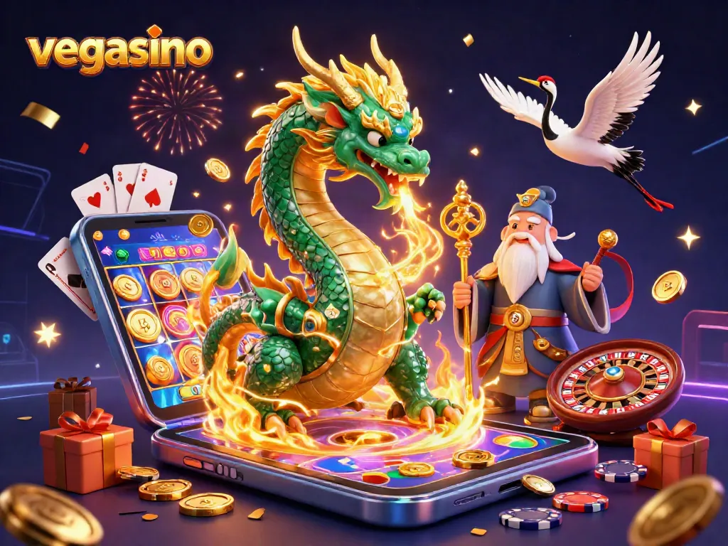 Experience the thrill of vegasino with a vibrant 3D illustration featuring casino characters and elements.