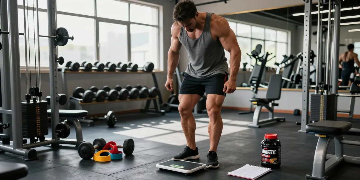 Bodybuilder im Steroid Shop Deutschland, umgeben von Fitnessgeräten und Anabolika zur Muskelsteigerung.
