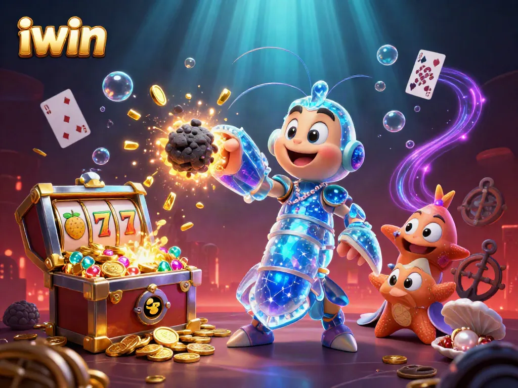 Experience iwin's thrilling gameplay with a galactic mantis shrimp exploding through riches in this dynamic casino scene.
